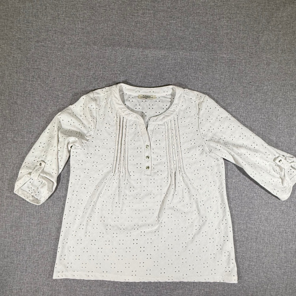 PerSeption Eyelet Blouse Womens PXL White 3/4 Sleeve Henley Cottagecore Boho Top